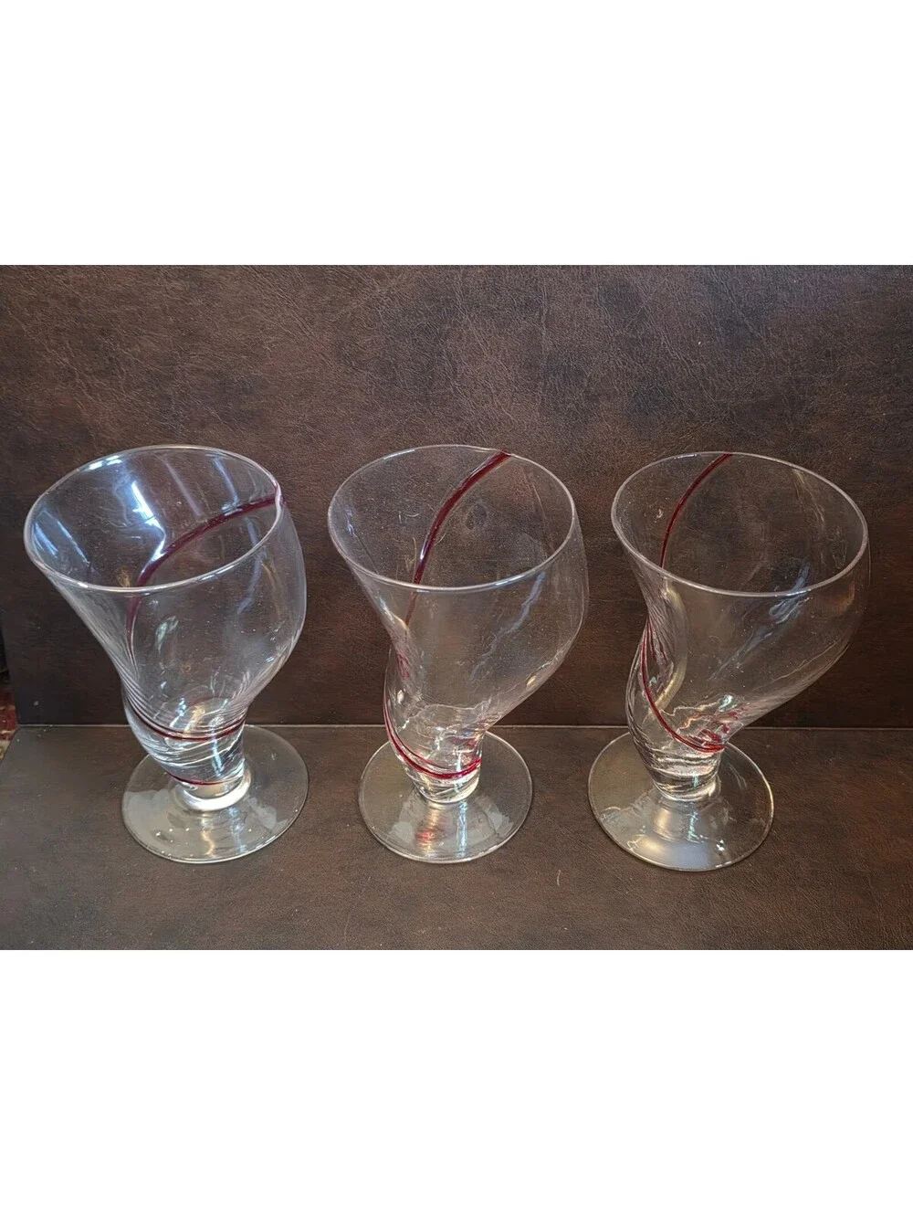 Set of 3 PIER 1 Swirline Red Curved Milkshake or Cocktail Glasses 6.5”  16 oz